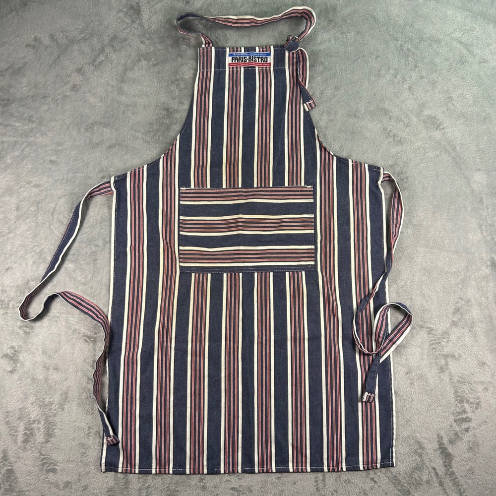 Paris Bistro French Chef Apron Navy Blue White Red Striped Cotton Bib Pocket